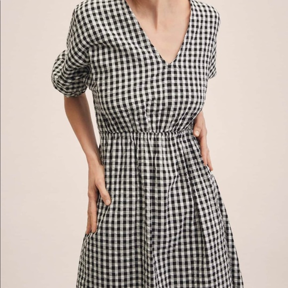 MANGO white&black checked cotton A-line midi dress. - Picture 9 of 9